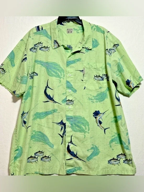 VTG Columbia PFG Men's Marlin Button Up Short Sleeve Fishing Lime Green Shirt XL - Picture 8 of 14